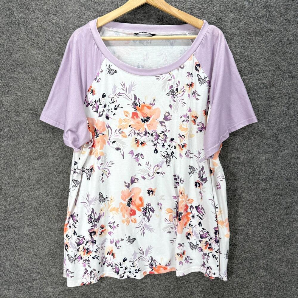 Bloomchic T-Shirt Women 18-20 Plus Purple Floral Short Sleeve Round Neck Casual